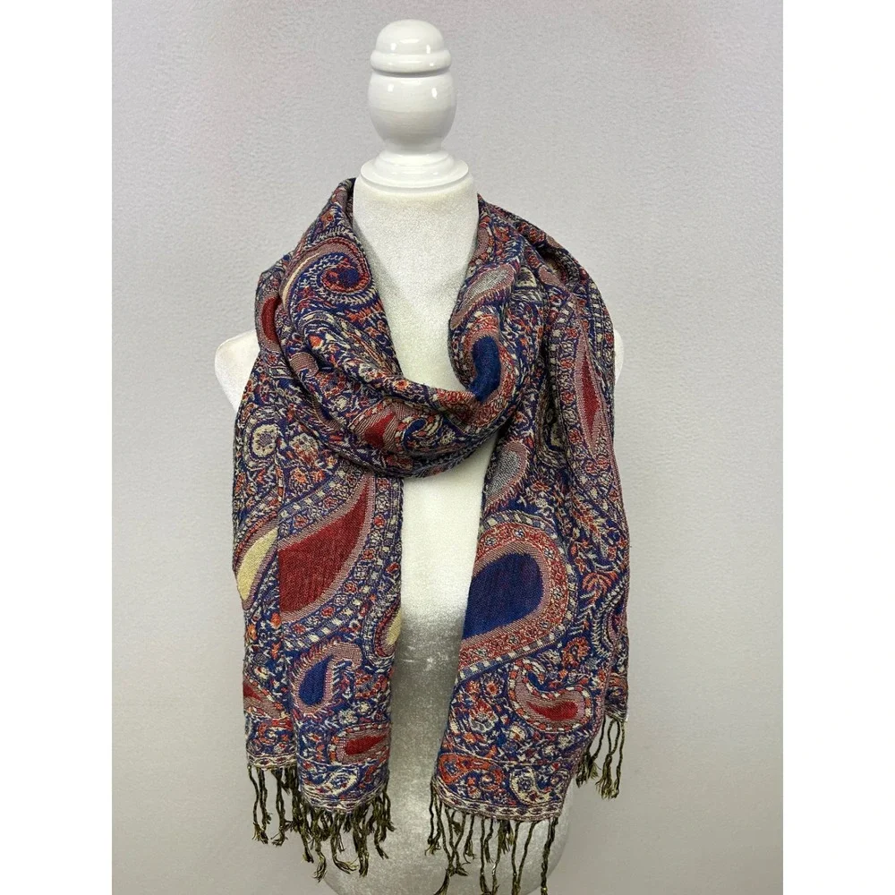 Boho Artistic Layering Womens OS Blue Red Paisley Pashmina Wrap Scarf